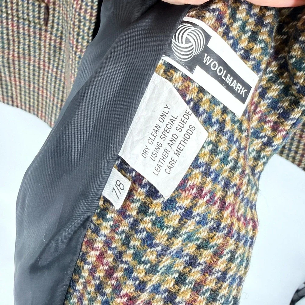 Vintage International Scene Wool Houndstooth Blazer Suede Collar Pocket Size 7/8